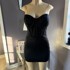 Say What? Black Mini Dress with Gold Chain Straps